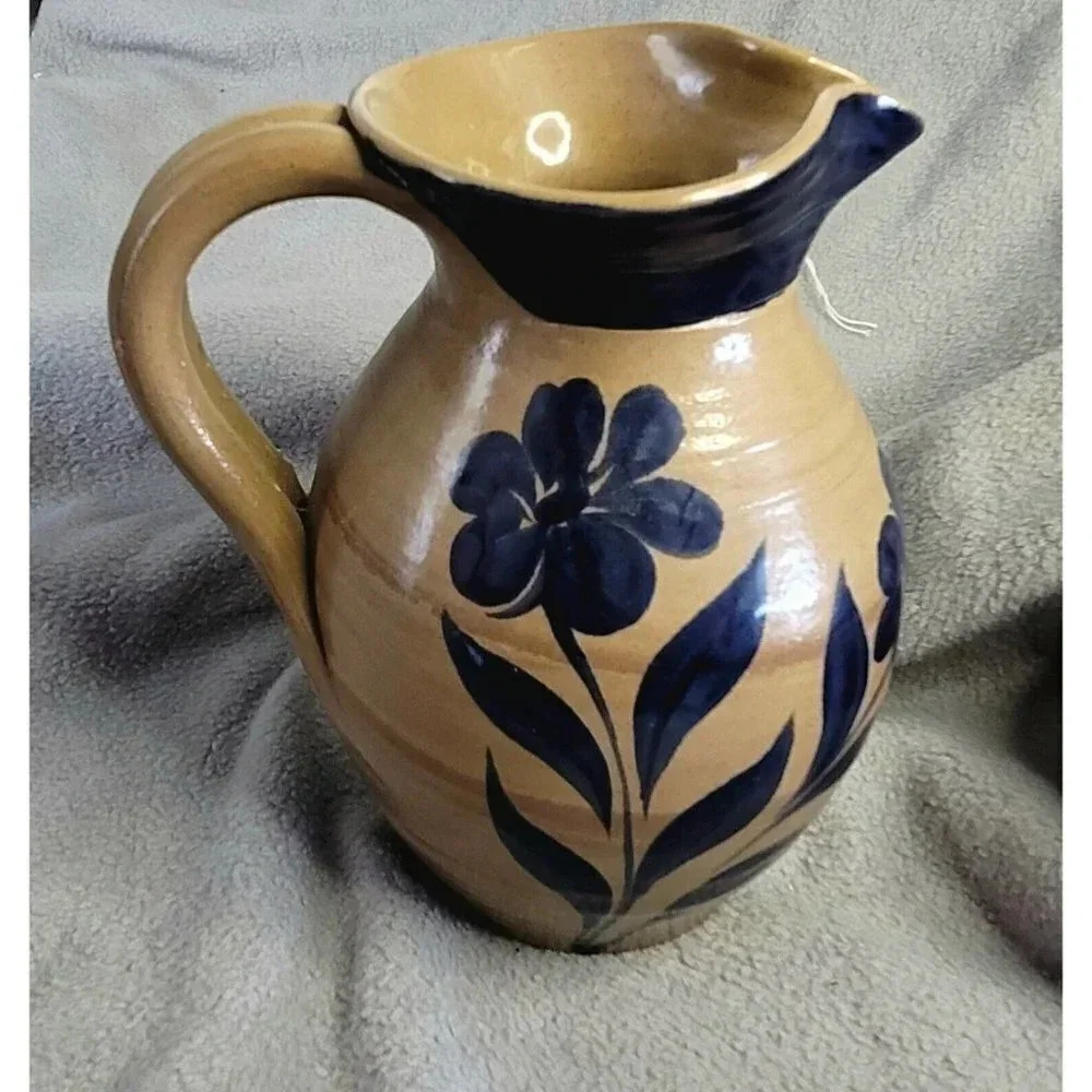 Williamsburg dark brown Rare Stoneware Creamer / Pitcher Blue Salt Glaze 7.5 T